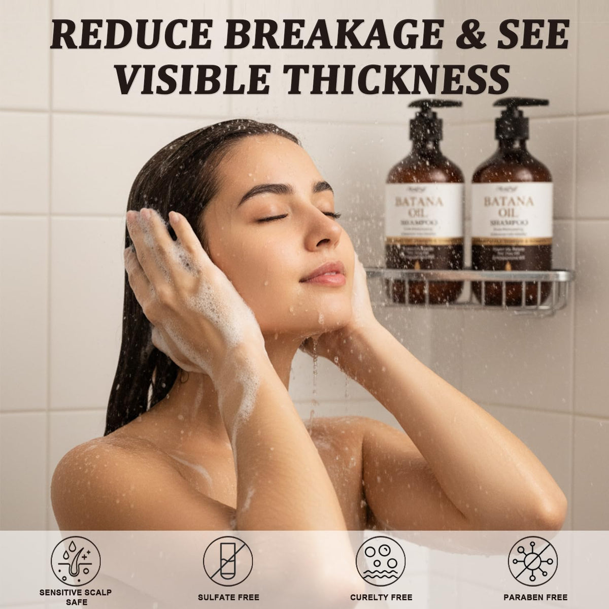 Melopuff bottles in a shower lifestyle shot encouraging daily gentle hair care