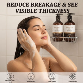 Melopuff bottles in a shower lifestyle shot encouraging daily gentle hair care