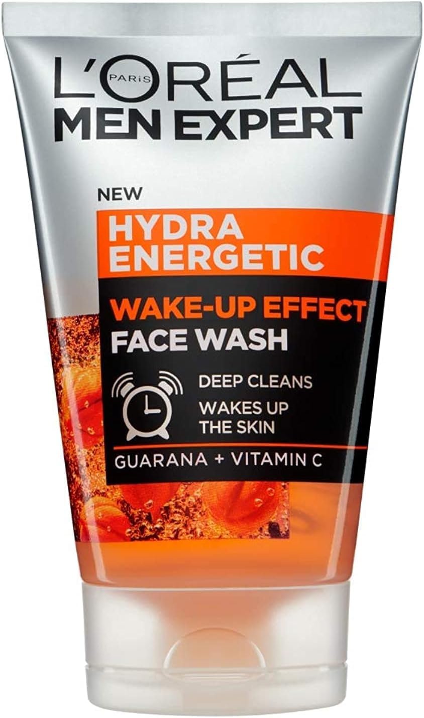 MEN EXPERT front packaging of 100ml Wake-up Effect face wash showing product and benefit