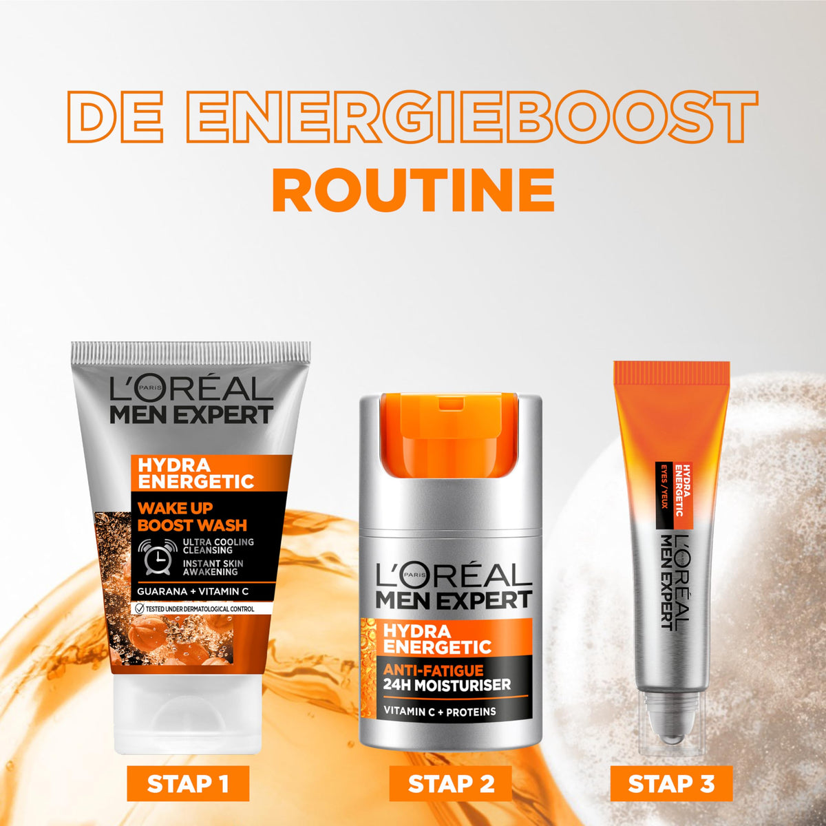 MEN EXPERT ingredient label displaying vitamin C and guarana benefits for energized skin
