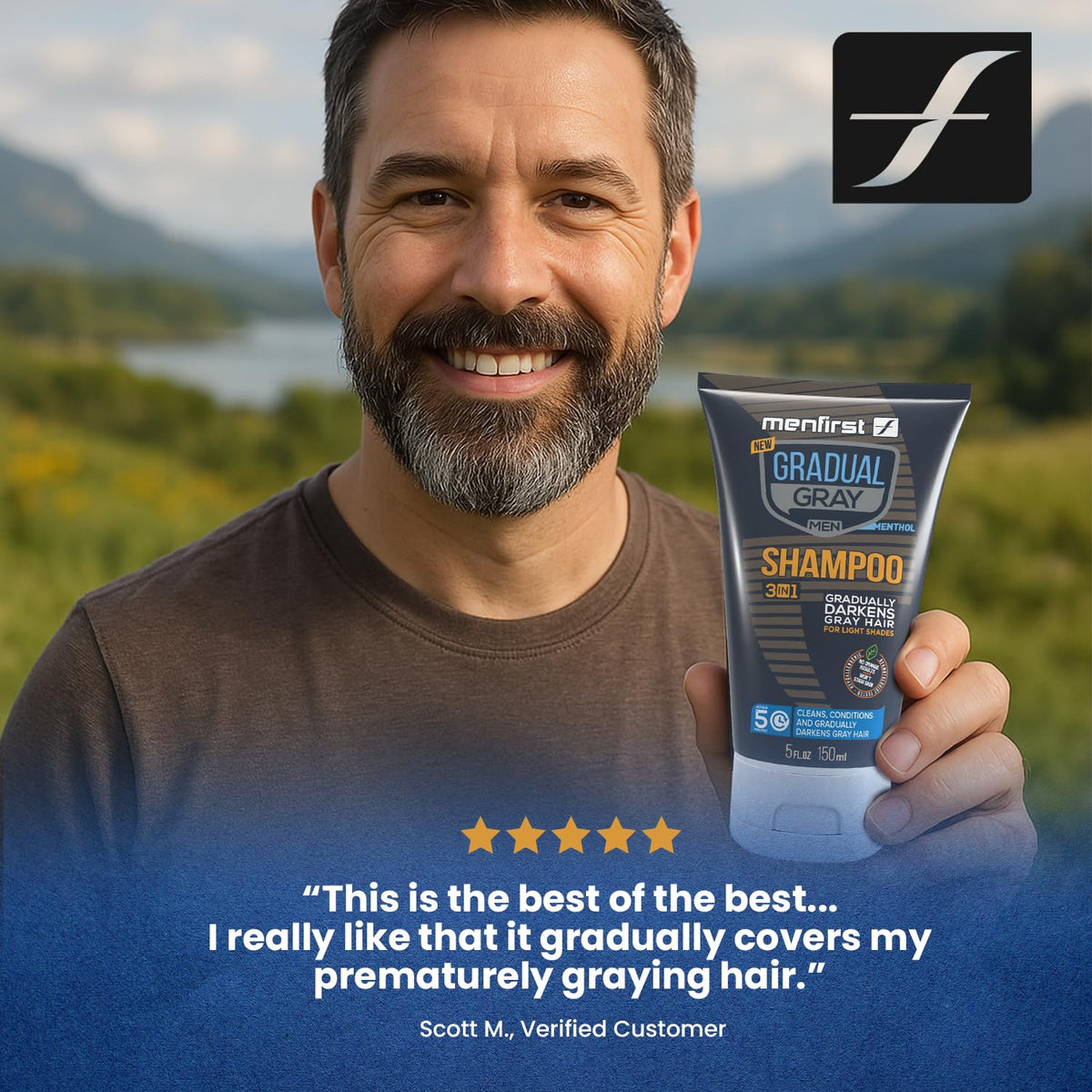 MENFIRST in-use on a man with wet hair illustrating easy routine and visible coverage
