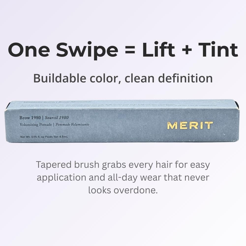Merit applying brow gel-pomade on model side profile for fuller, defined natural brows