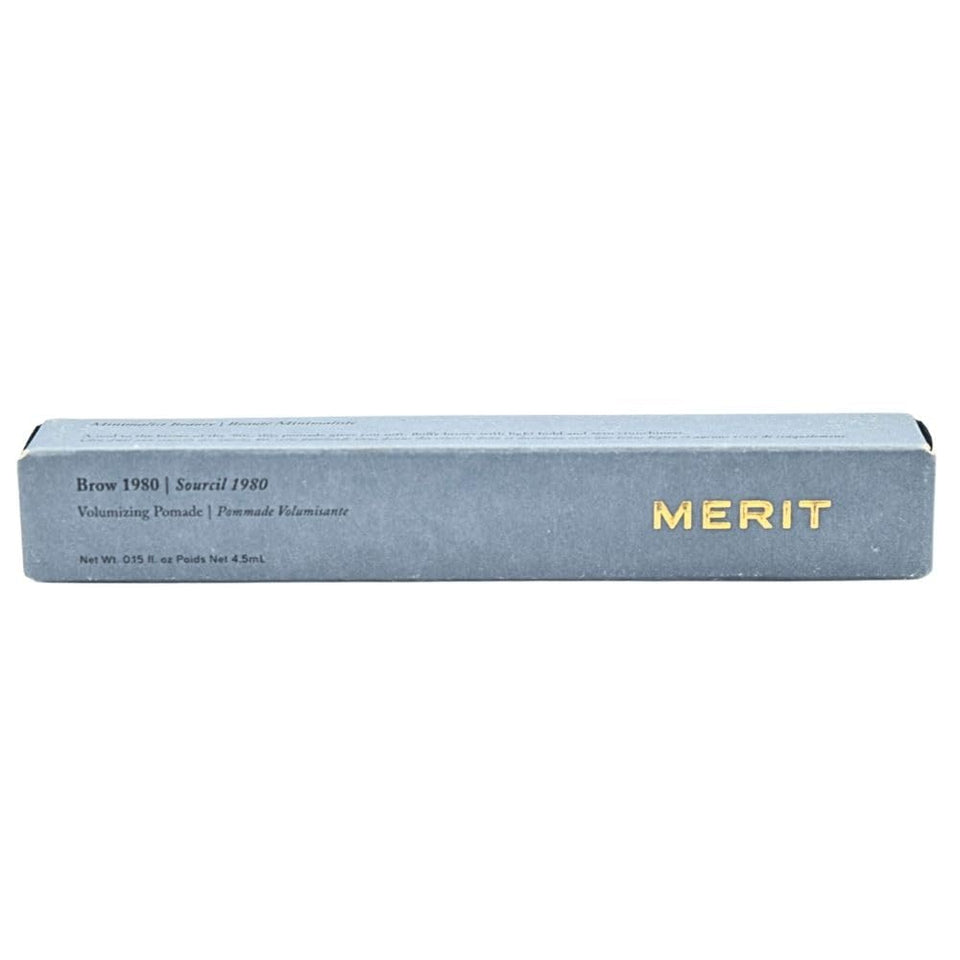 Merit brow 1980 front packaging showing product and shade taupe, clean design and clarity