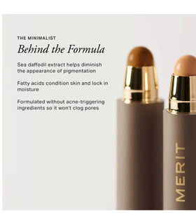 MERIT product swatched on hand to show camel shade and buildable coverage