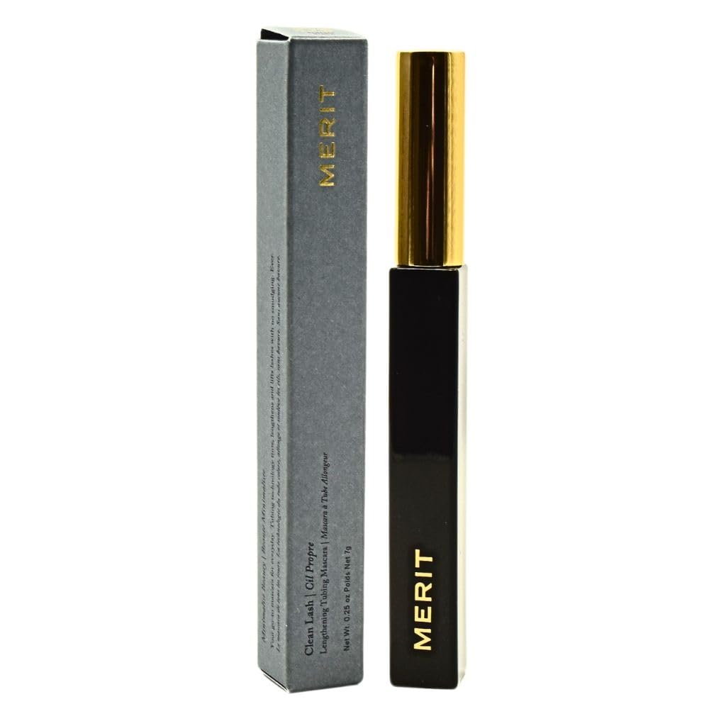 MERIT mascara front packaging showing sleek tube and benefit of smudge-proof length