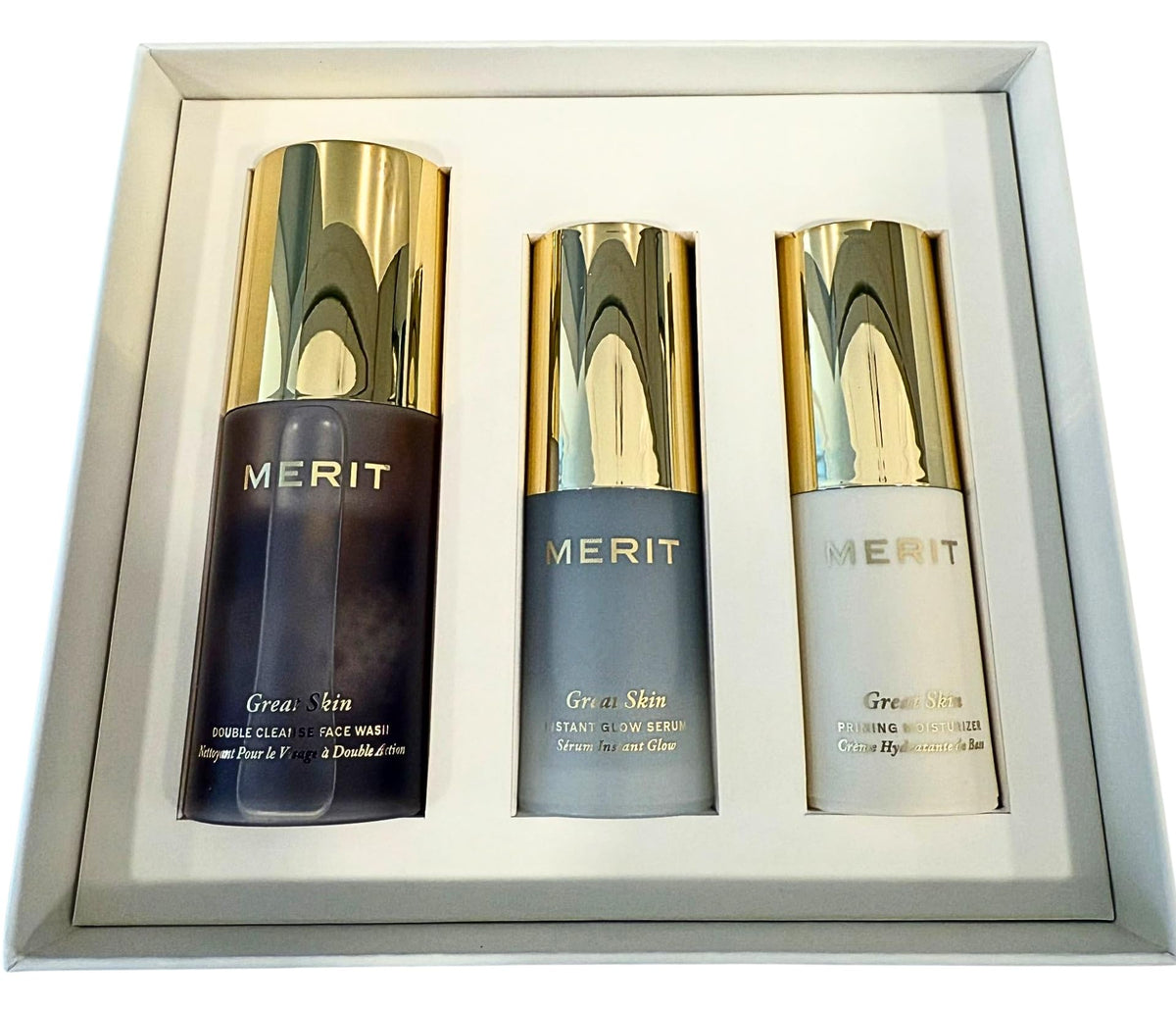 MERIT front packaging of mini Great Skin Trio showing travel-ready set and convenience