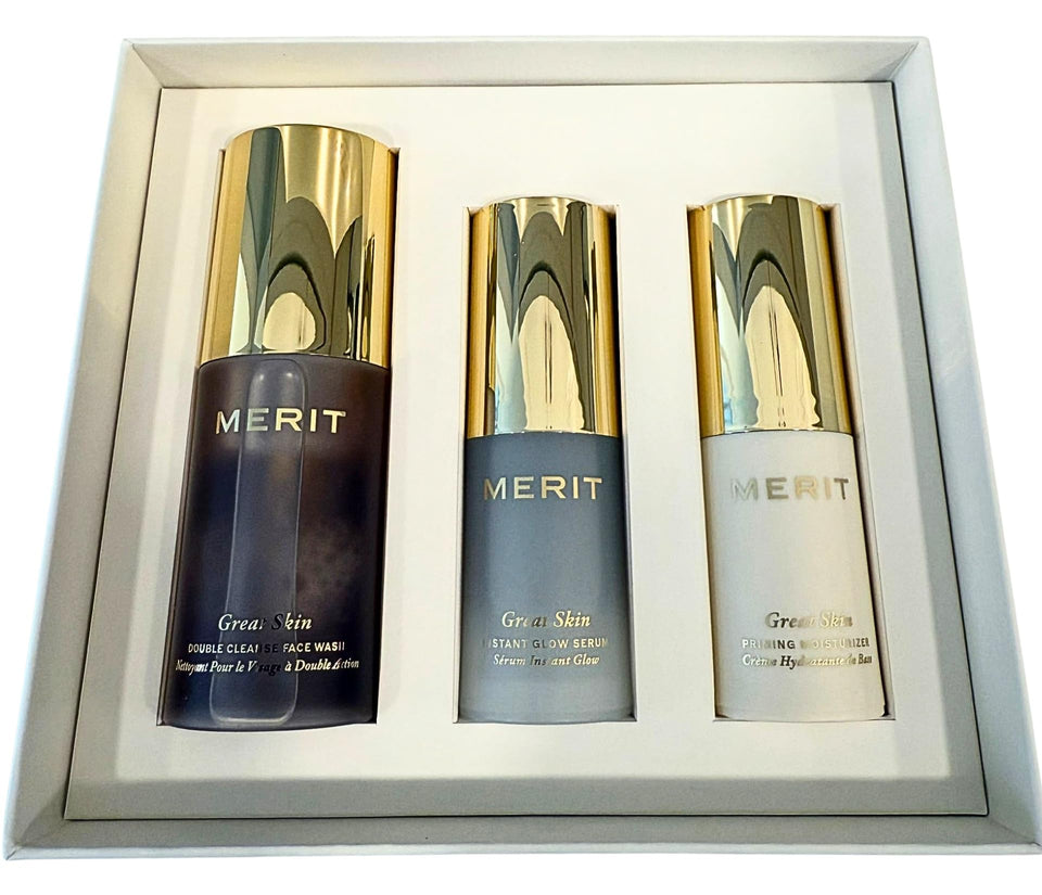 MERIT front packaging of mini Great Skin Trio showing travel-ready set and convenience