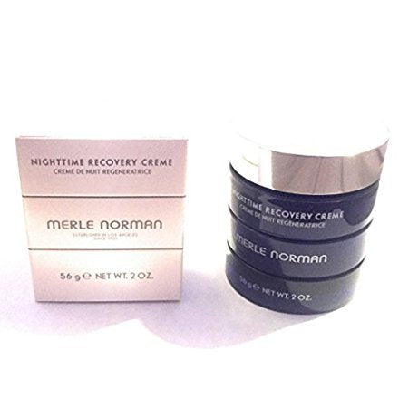 Merle Norman Nighttime Recovery Creme jar front view, visibly hydrates skin overnight
