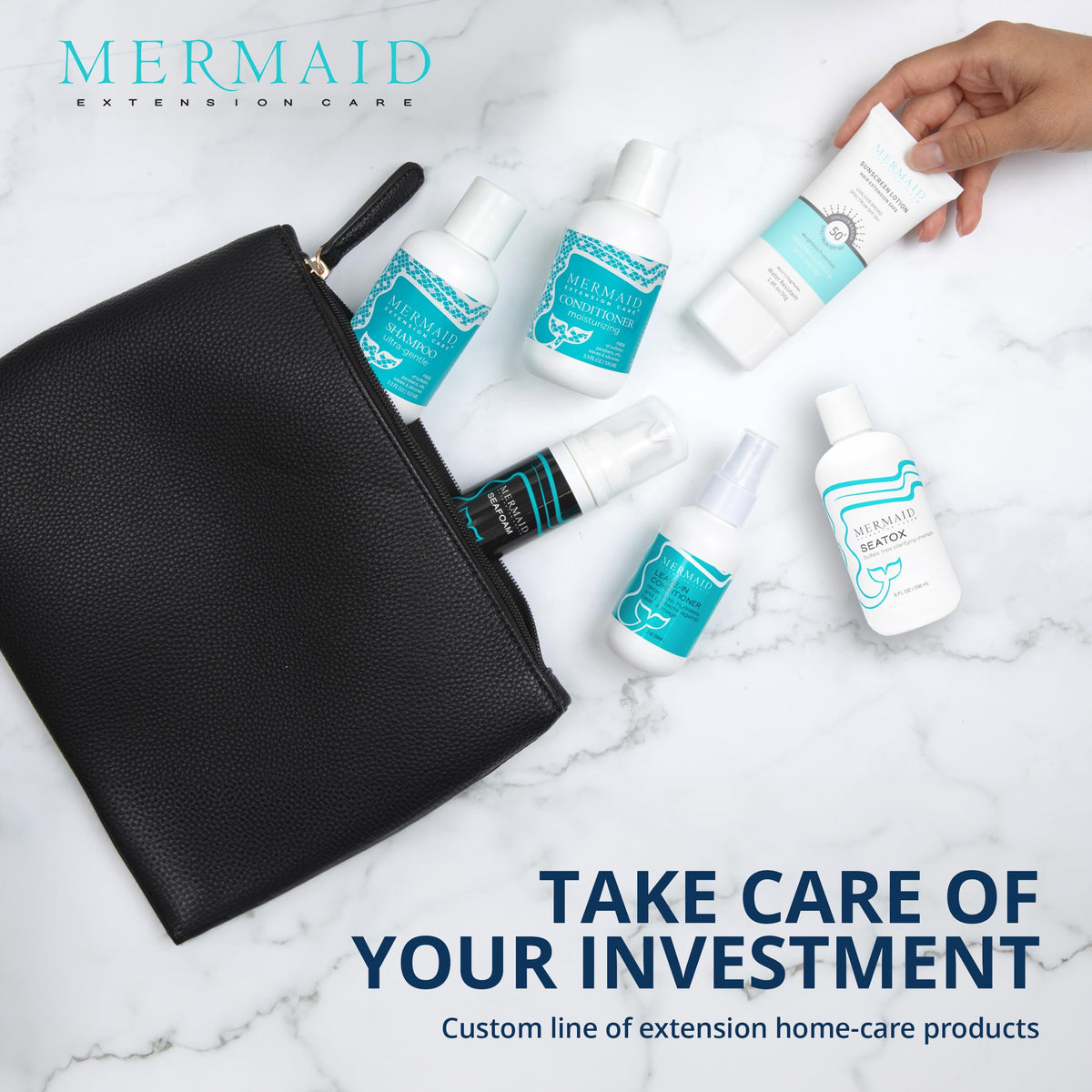 Mermaid Extension Care duo on beach towel suggesting travel-ready hydration