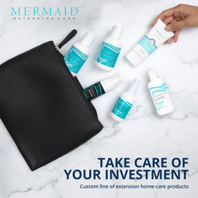 Mermaid Extension Care duo on beach towel suggesting travel-ready hydration