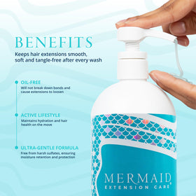 Mermaid Extension Care bottles beside passport illustrating TSA-friendly size