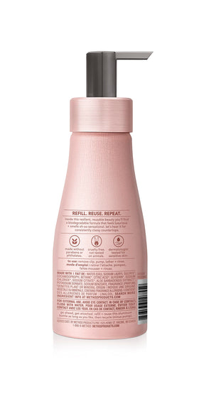 Method close-up of aluminum bottle texture highlighting durable recyclable packaging benefit