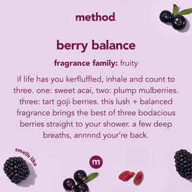 Method close-up of bottle label highlighting berry scent and PCR plastic