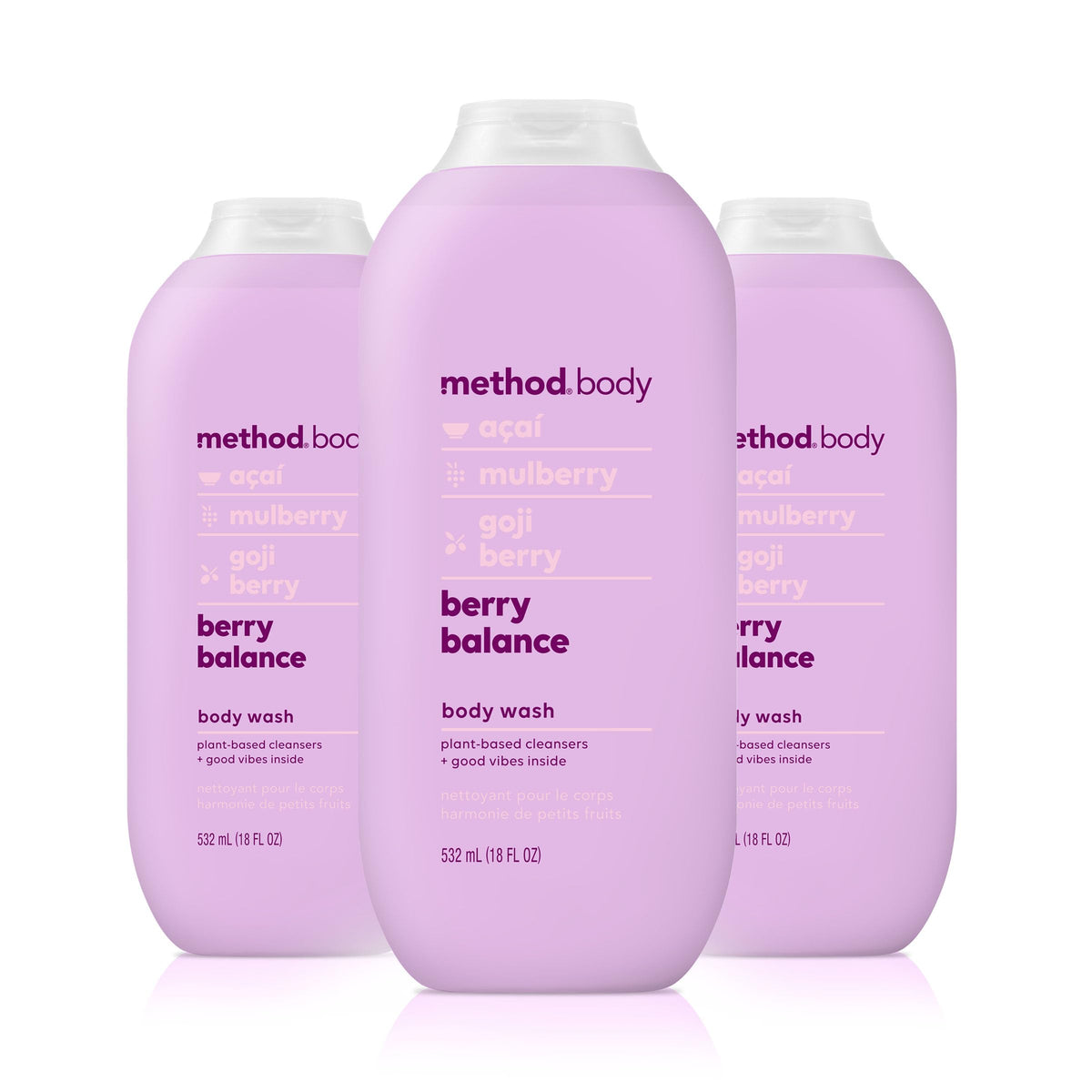 Method front packaging showing three berry balance bottles and eco messaging