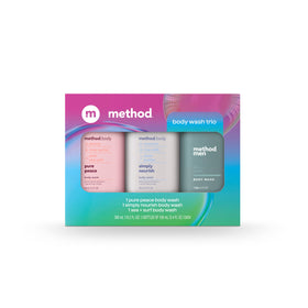 Method body wash gift set front packaging showing three travel bottles and eco-friendly message