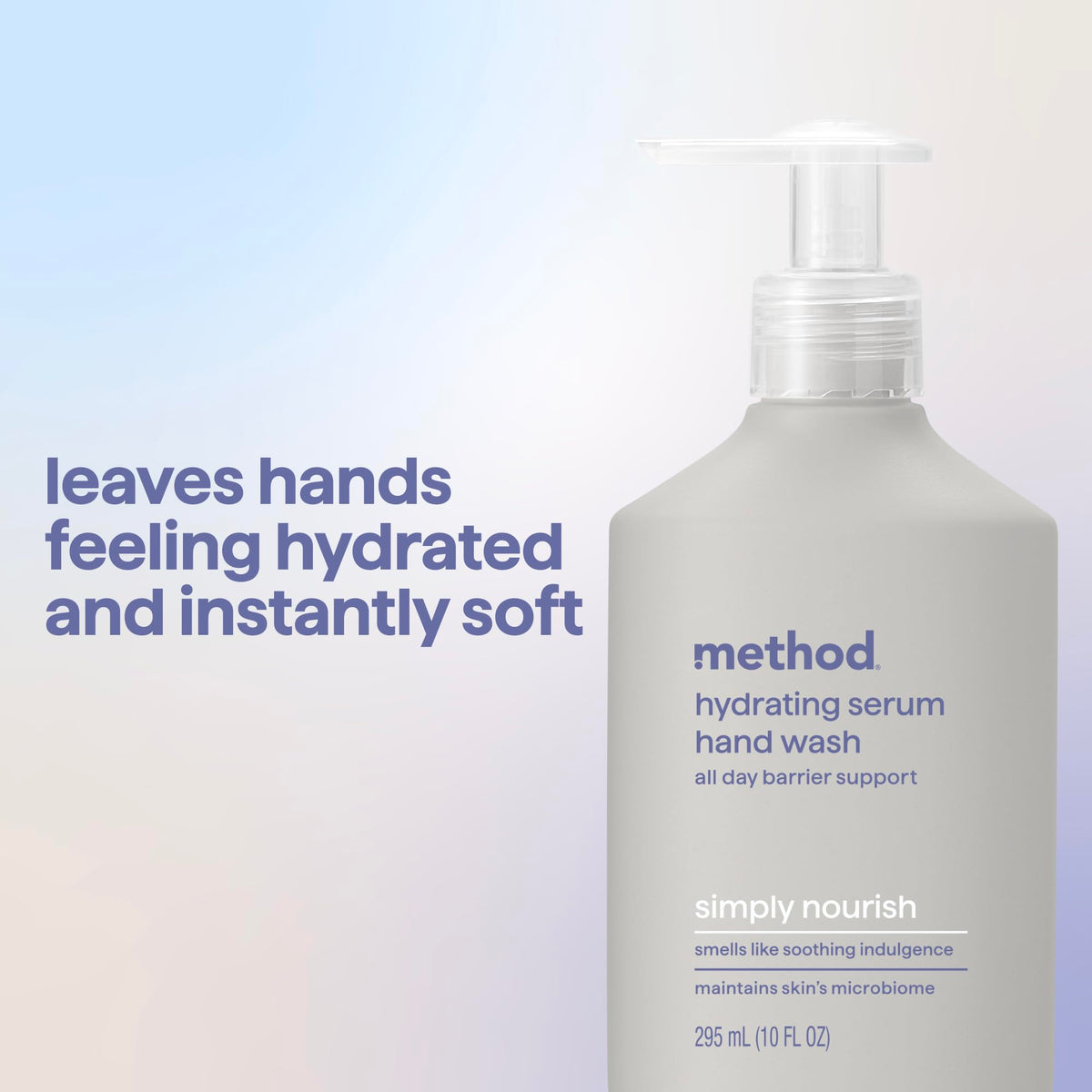 Method bottle label noting 80% recycled plastic for eco-friendly packaging benefit