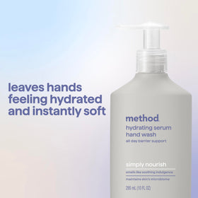 Method bottle label noting 80% recycled plastic for eco-friendly packaging benefit