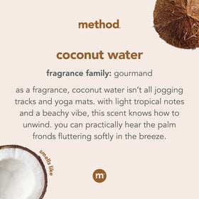 Method coconut water bottle label with 100% PCR callout stressing recycled-plastic benefit