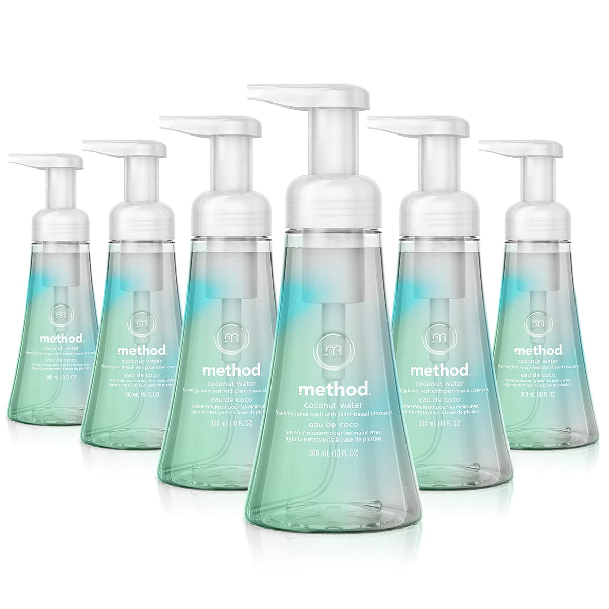 Method coconut water front packaging showing six 10 fl oz bottles and clear labeling for convenience