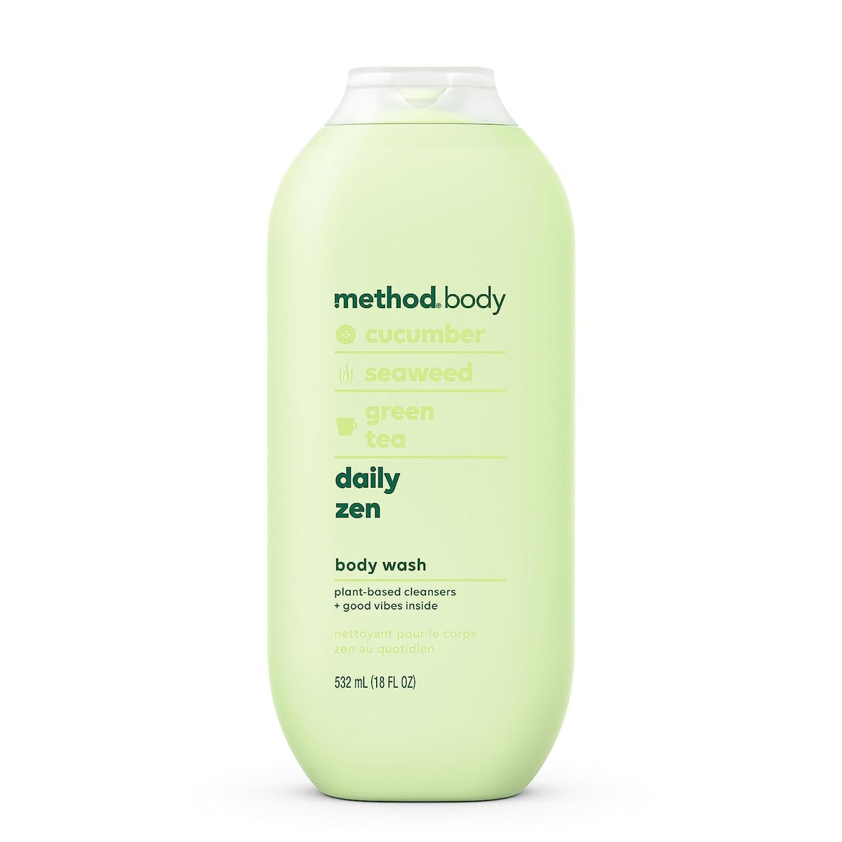 Method Daily Zen bottle closeup highlights scent label and moisturizing benefit