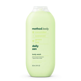 Method Daily Zen bottle closeup highlights scent label and moisturizing benefit