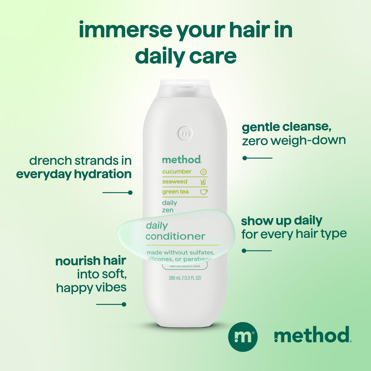 Method Daily Zen conditioner in shower being applied to hair for smoother detangling