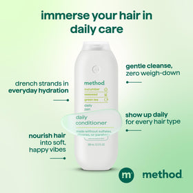 Method Daily Zen conditioner in shower being applied to hair for smoother detangling