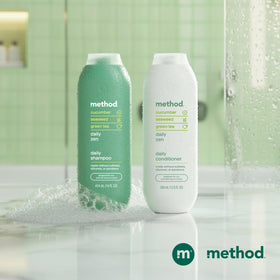 Method Daily Zen recycled bottle badge detail showing 80% PCR packaging and environmental benefit