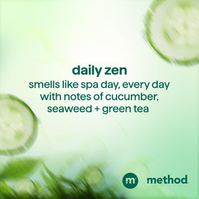 Method Daily Zen bottle held in hand to demonstrate 13.5 oz size and travel practicality