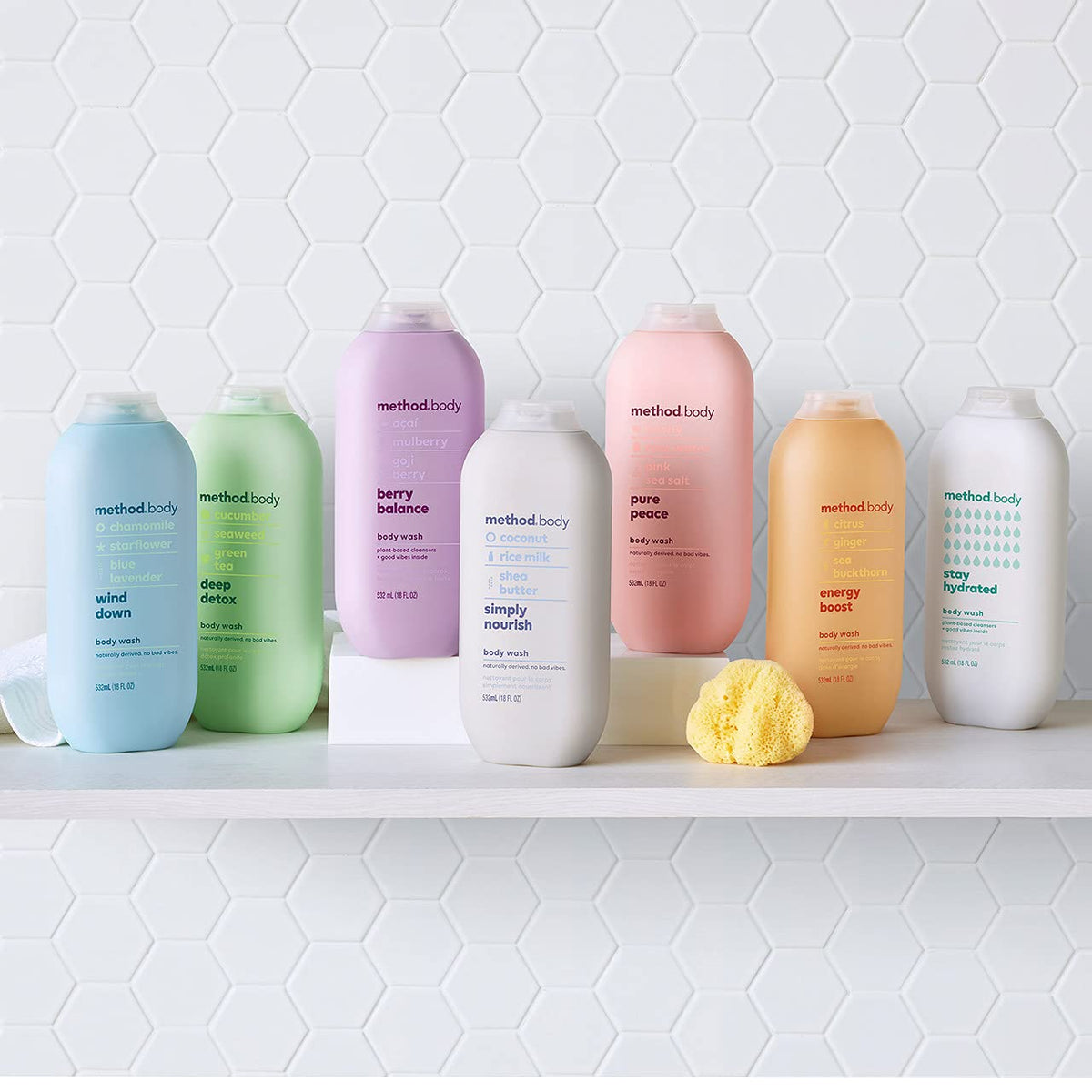 Method in bathroom lifestyle showing product on shelf for morning refresh