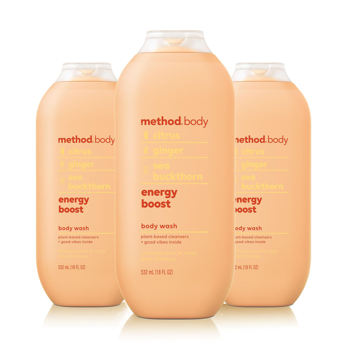 Method front packaging three-pack showing bottles and labels energizing shower