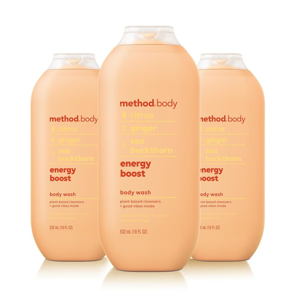 Method front packaging three-pack showing bottles and labels energizing shower