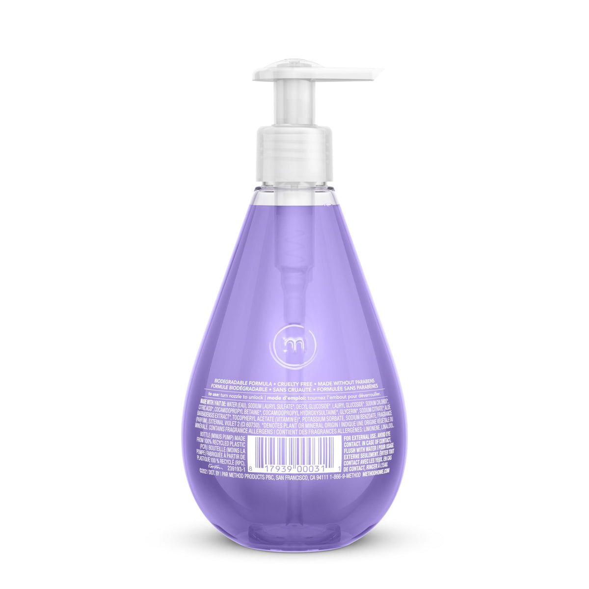 Method label and pump detail highlighting ingredients and recycled bottle benefits