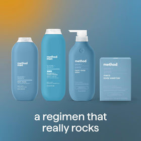 Method bottle on bathroom shelf depicting lifestyle freshness and convenience benefit