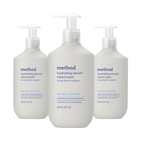 Method hydrating serum hand wash front packaging showing label and size benefit: clear identification