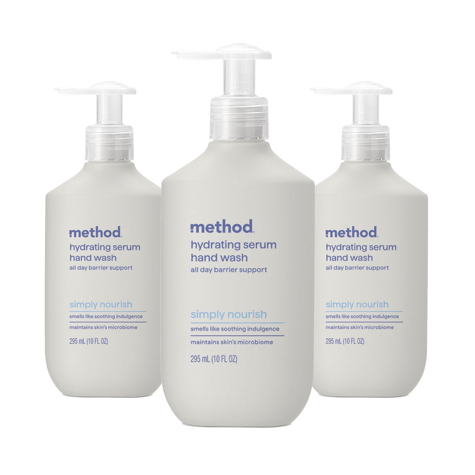 Method hydrating serum hand wash front packaging showing label and size benefit: clear identification