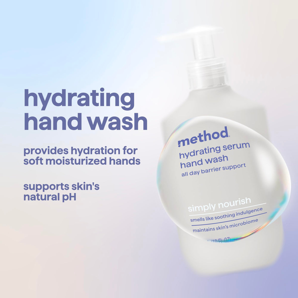 Method pump close-up highlighting dispenser and easy one-handed use for convenience