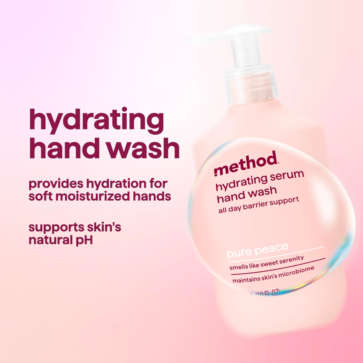 Method pump and label close-up highlighting ingredients and recycled badge