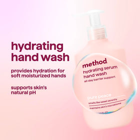 Method pump and label close-up highlighting ingredients and recycled badge