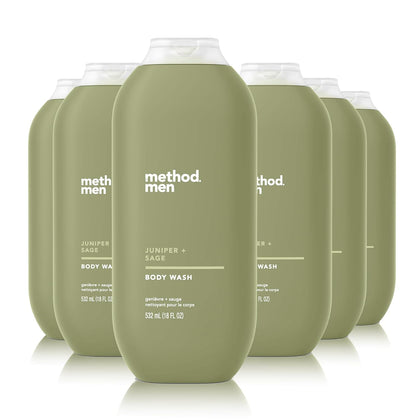 Method bottle front packaging showing juniper + sage scent and benefits