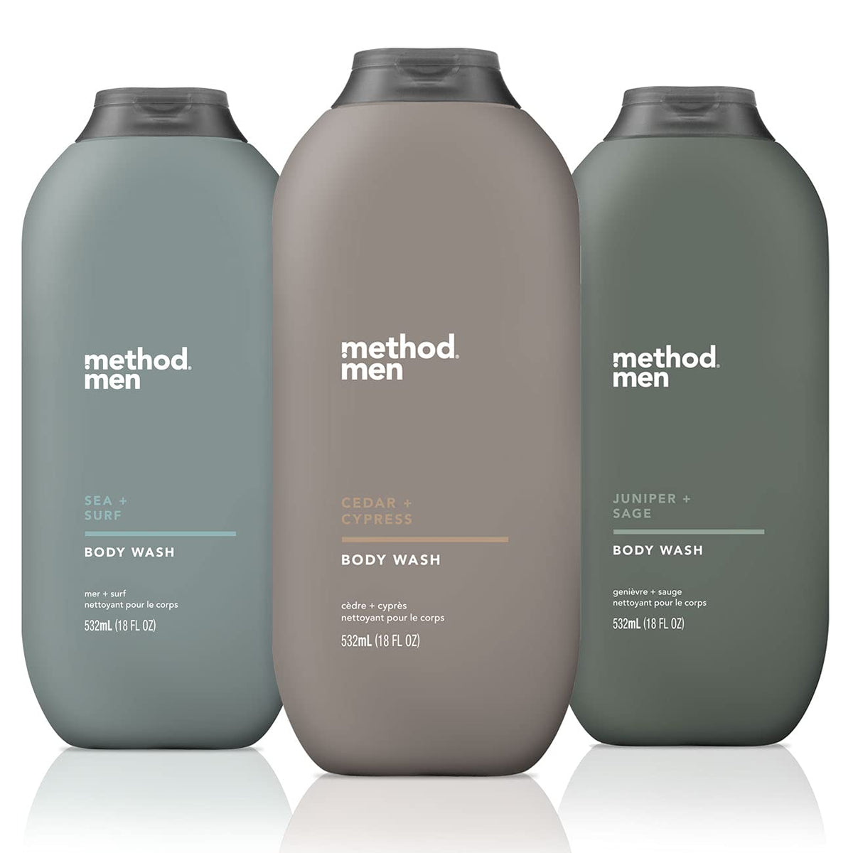 Method men front packaging showing three scent bottles and value pack benefit