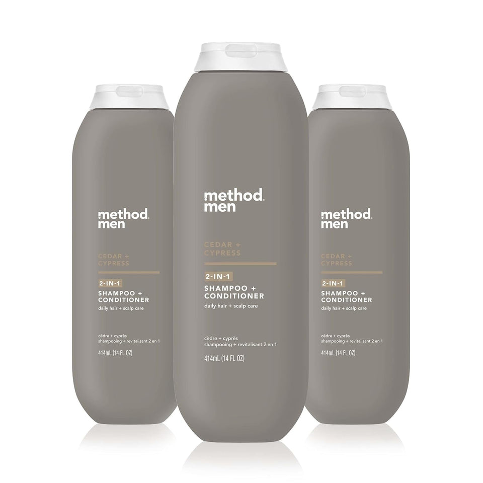 Method men front bottle showing cedar cypress scent and clear benefit