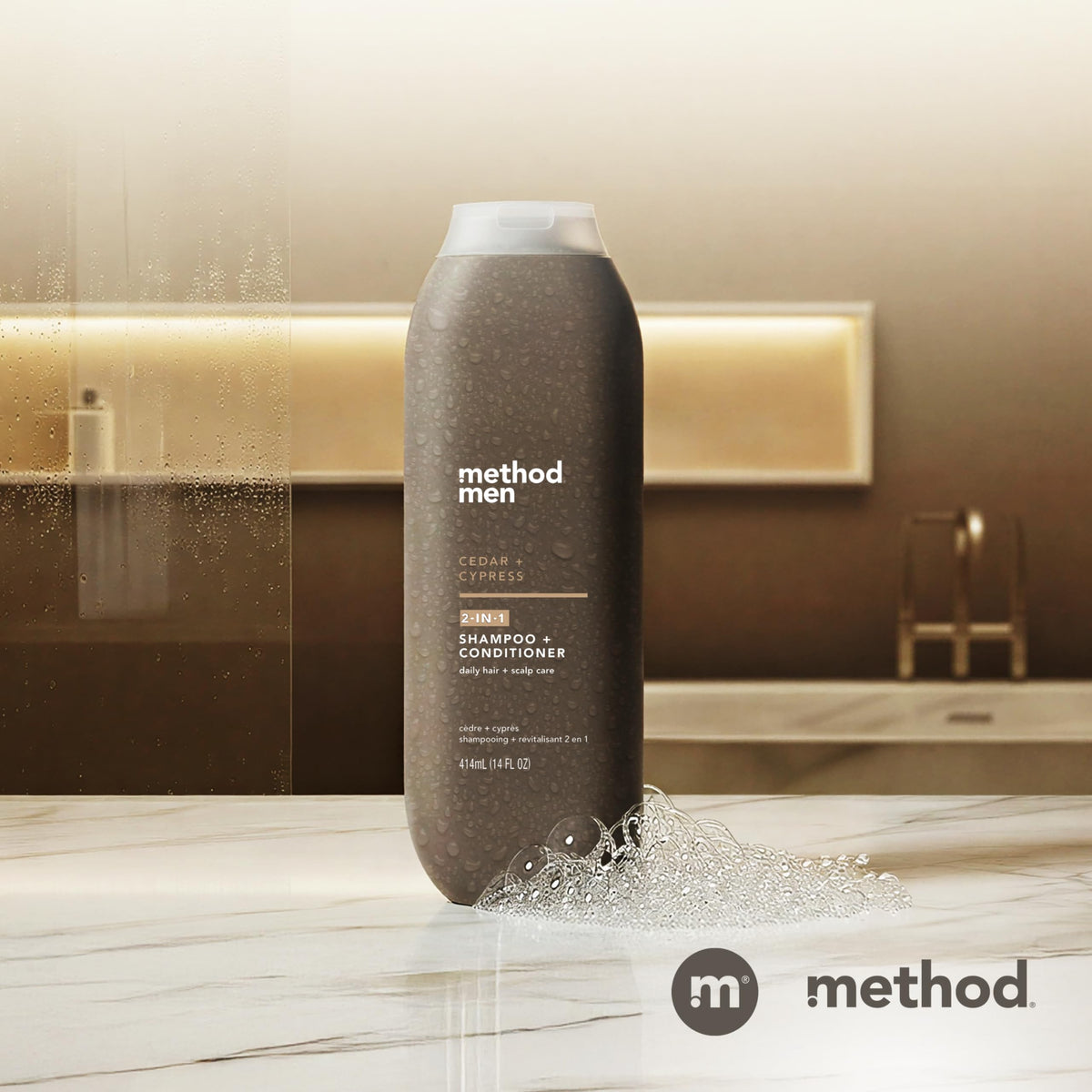 Method men on bathroom shelf in lifestyle setting implying daily grooming benefit