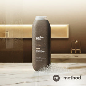 Method men on bathroom shelf in lifestyle setting implying daily grooming benefit