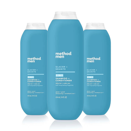 Method front packaging showing Glacier + Granite scent and benefit of two‑in‑one