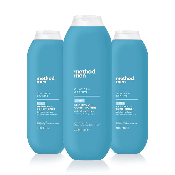 Method front packaging showing Glacier + Granite scent and benefit of two‑in‑one