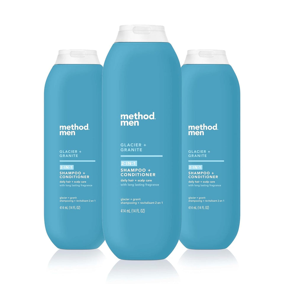 Method front packaging showing Glacier + Granite scent and benefit of two‑in‑one