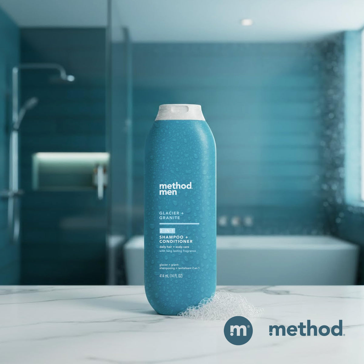 Method product on bathroom shelf styled to show everyday grooming benefit