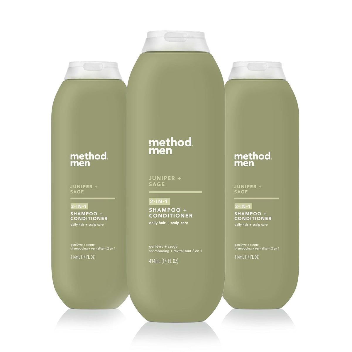 Method bottle front view showing juniper + sage scent and clean design benefit
