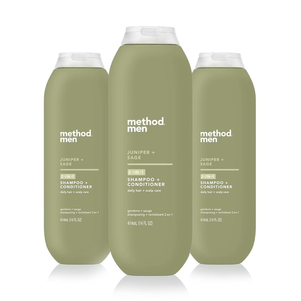 Method bottle front view showing juniper + sage scent and clean design benefit